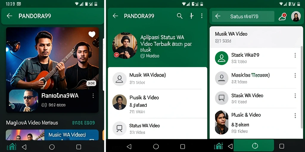 Antarmuka PANDORA99 menampilkan berbagai pilihan video musik untuk status.
