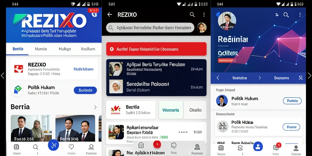 Antarmuka aplikasi REZIXO menampilkan berita politik dan hukum terkini.