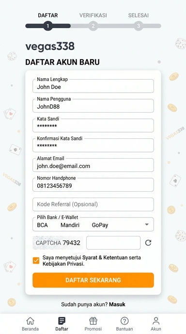 Tampilan halaman daftar vegas338